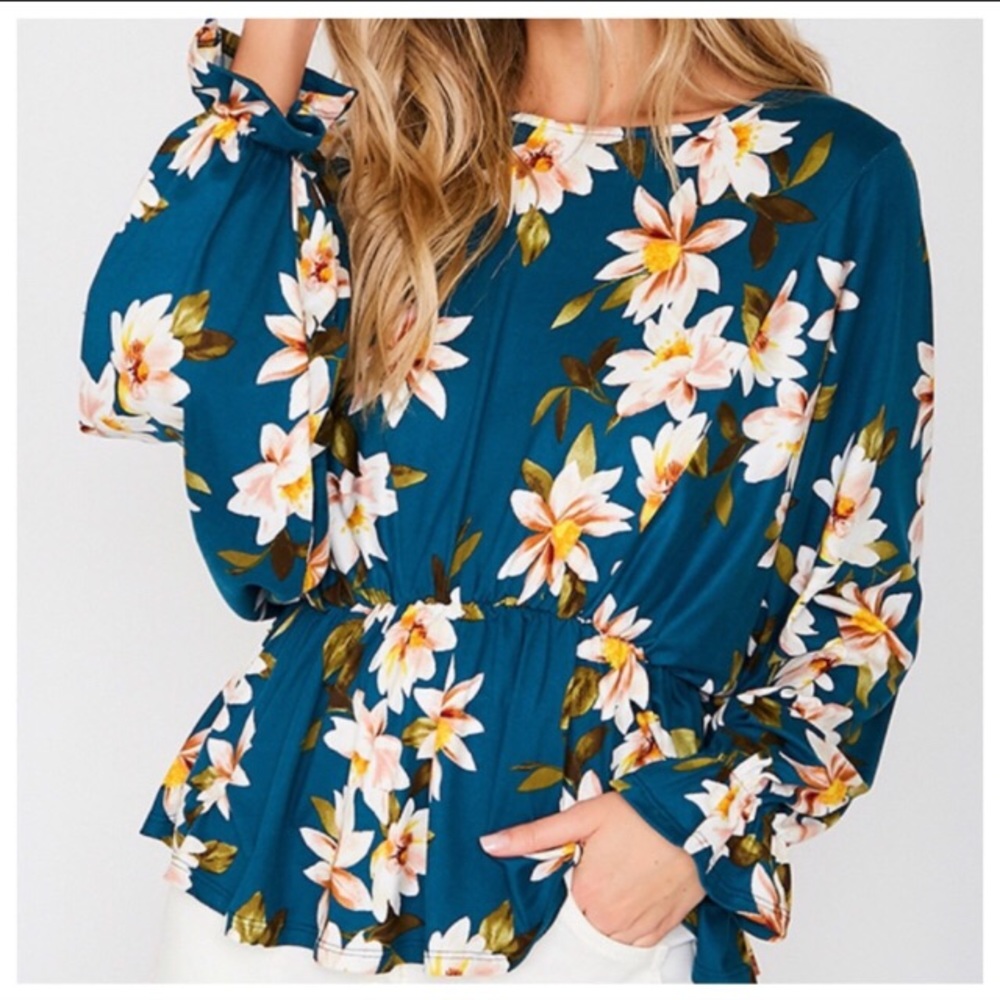 NEW Boutique Top Teal Floral Cinched Blouse Med M
